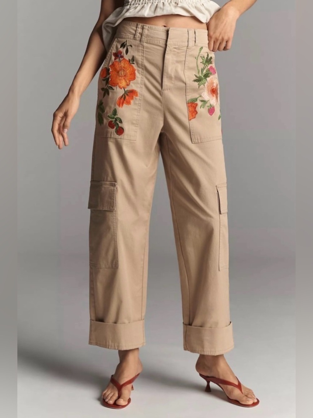 Anthropologie Embroidered Cargo Wide-Leg Pants in Beige, NWT